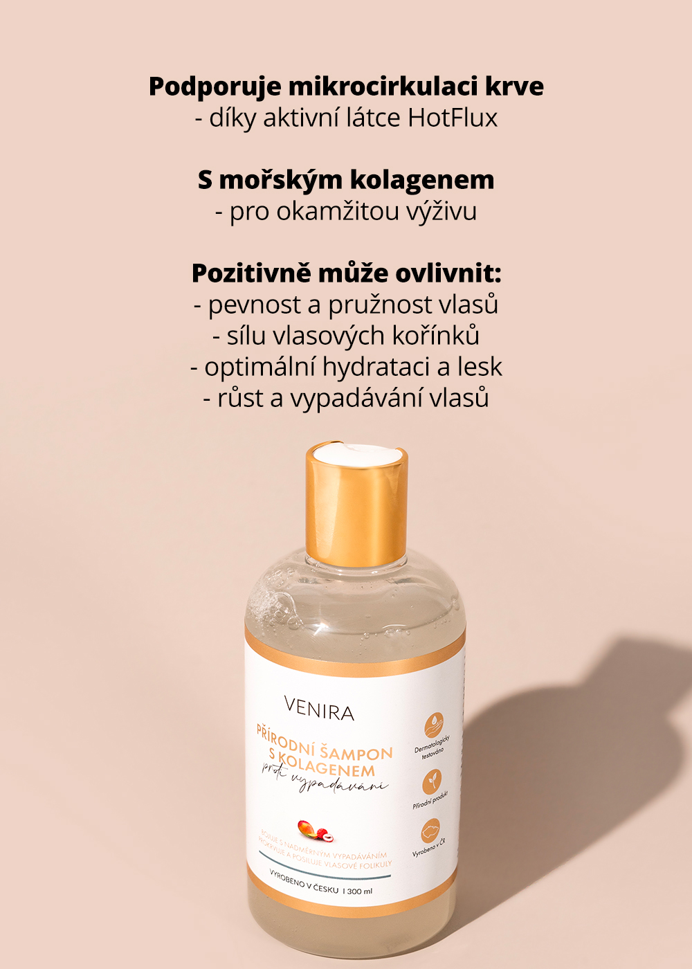 VENIRA přírodní šampon s kolagenem proti vypadávání vlasů, mango-liči, 300 ml