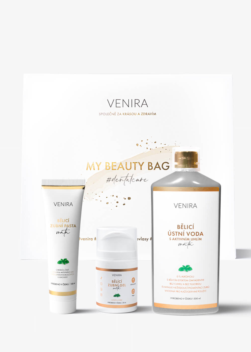 VENIRA beauty bag, dárková sada - bělicí zubní gel 50 ml, bělicí zubní pasta 100 ml, bělicí ústní voda 500 ml