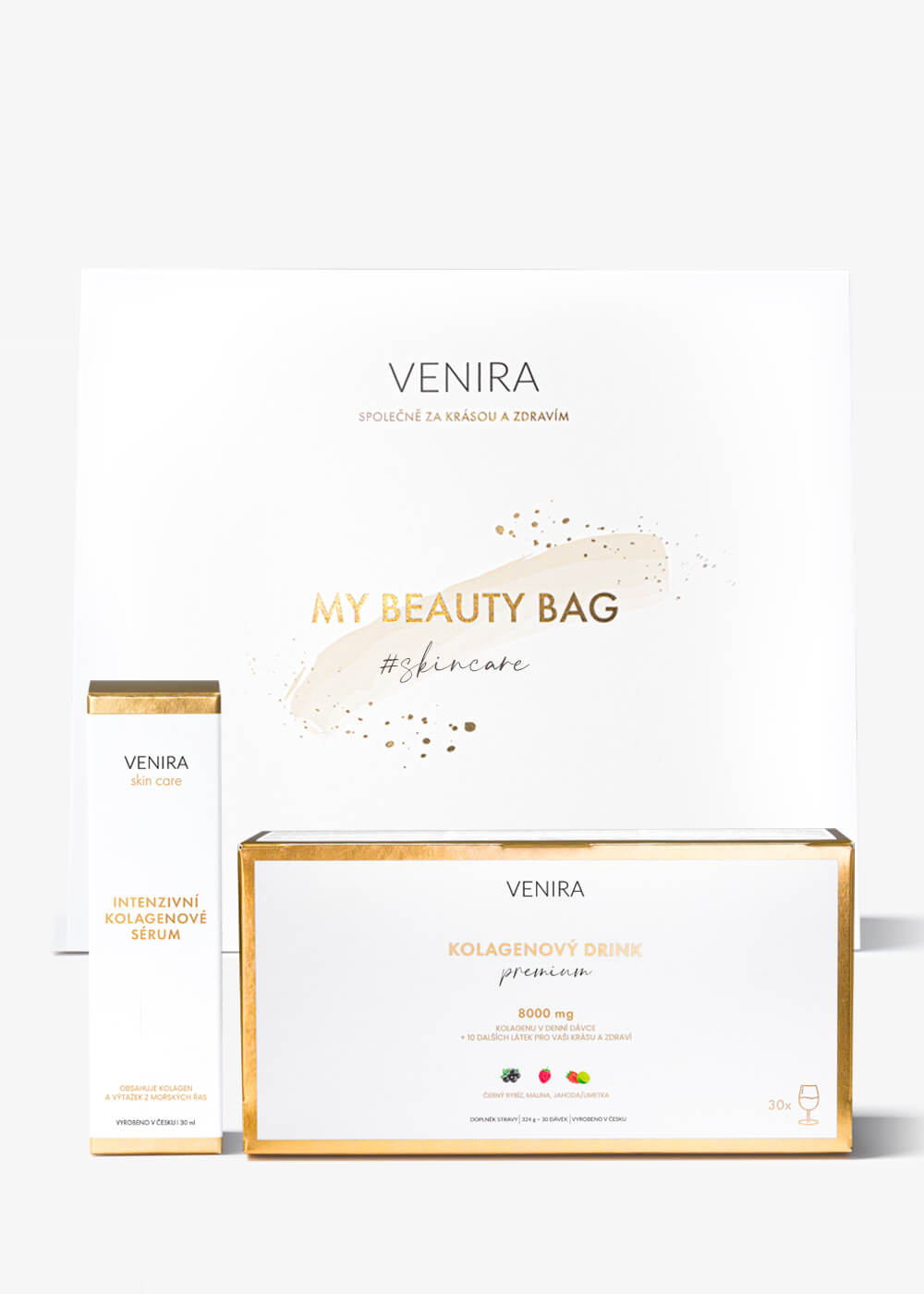 VENIRA beauty bag, dárková sada - intenzivní kolagenové sérum, PREMIUM kolagenový drink mix 3 příchutí intenzivní kolagenové sérum, PREMIUM kolagenový drink mix 3 příchutí