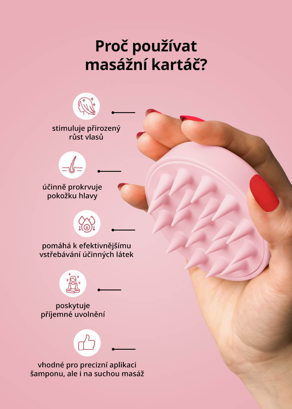 VENIRA stimulující masážní kartáč pro vlasovou pokožku, růžový