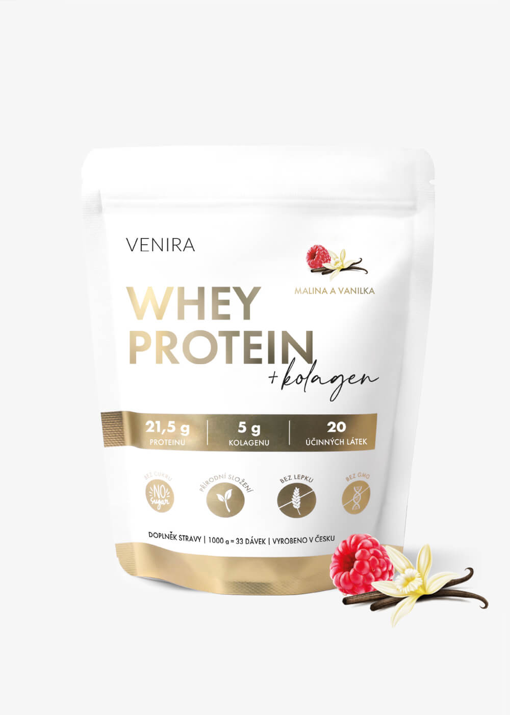 VENIRA beauty whey protein s kolagenem, malina-vanilka, 1000 g