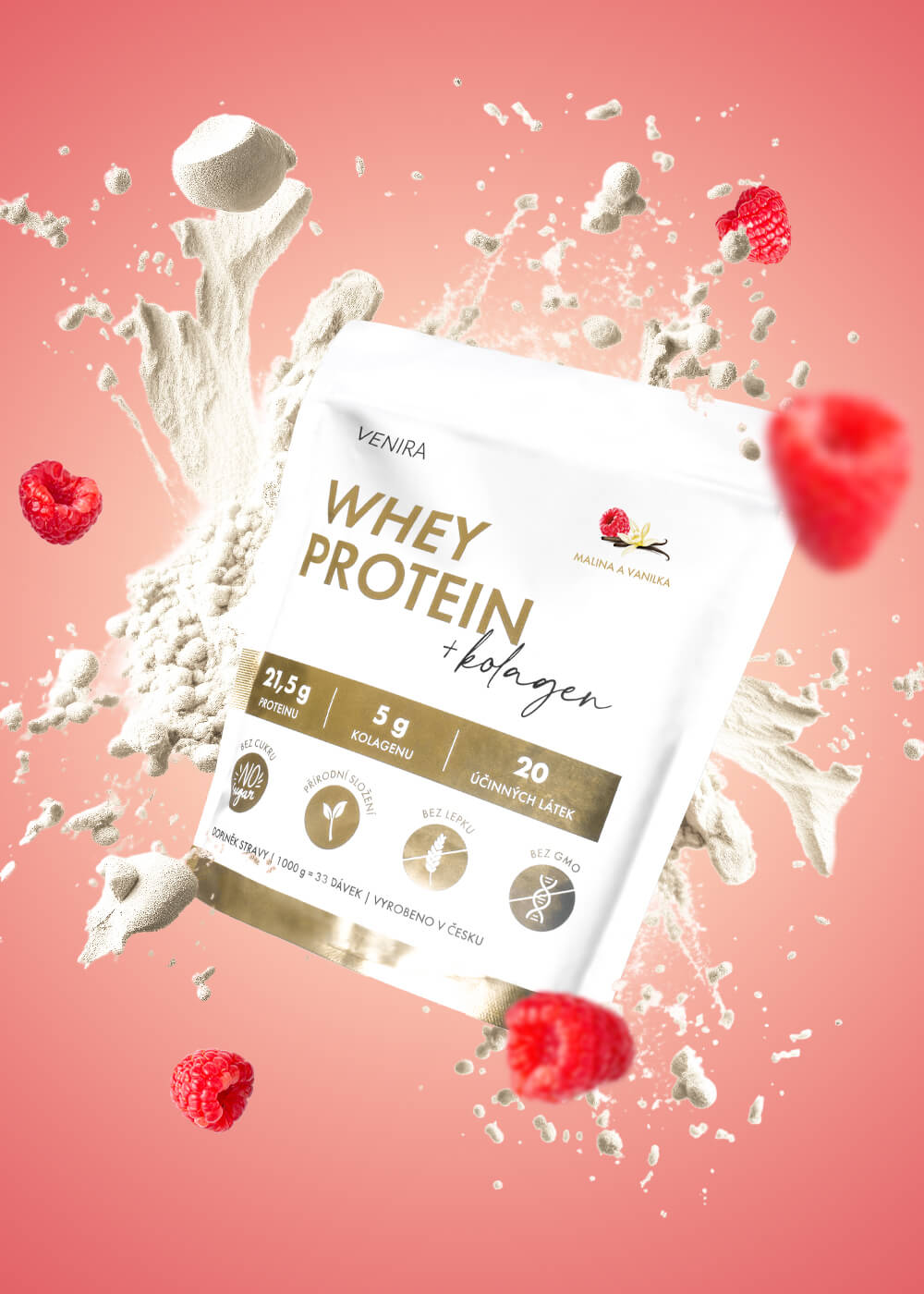 VENIRA beauty whey protein s kolagenem, malina-vanilka, 1000 g
