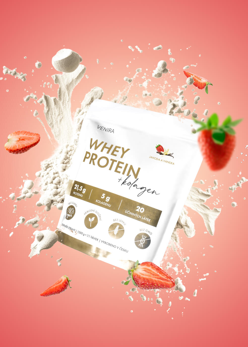 VENIRA beauty whey protein s kolagenem, jahoda-vanilka, 1000 g