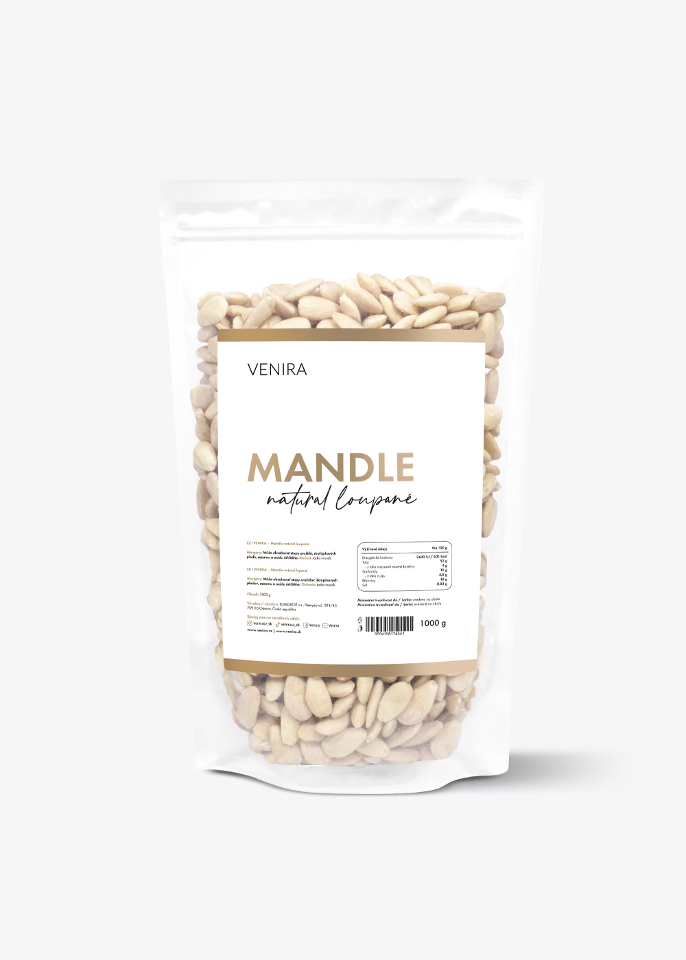 VENIRA mandle natural - loupané, výhodné balení 1000 g