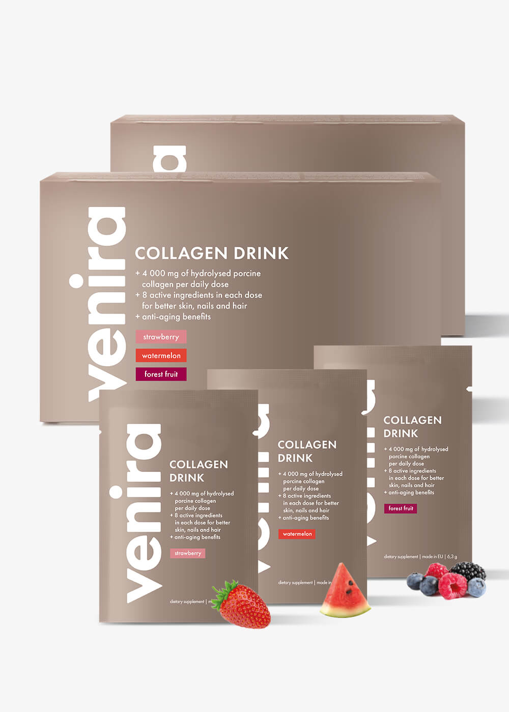 VENIRA kolagen, 2 balení za lepší cenu, mix 3 příchutí, vepřový kolagen, 60 sáčků mix 3 příchutí, vepřový kolagen, 60 sáčků, 378 g