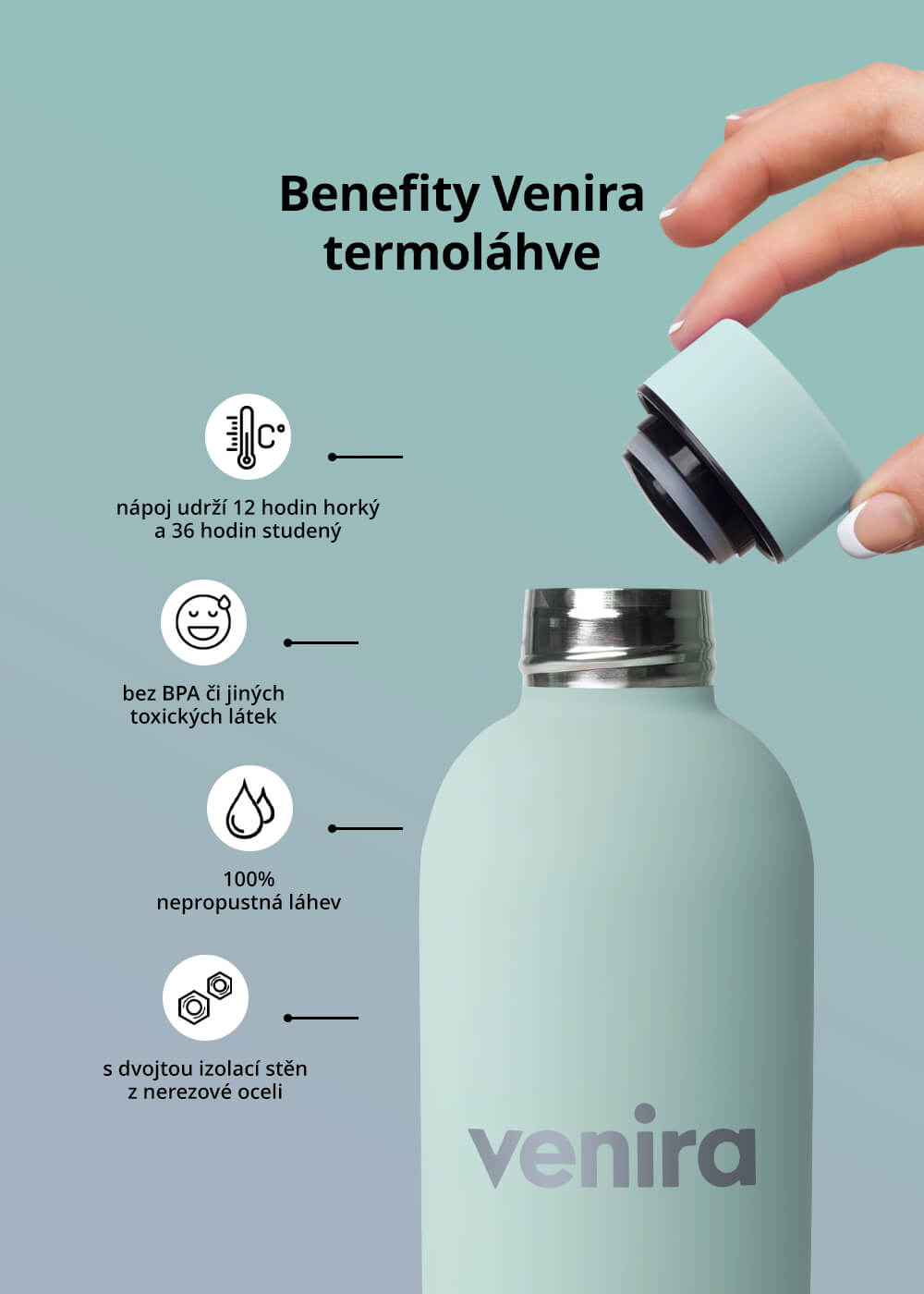 VENIRA termoláhev s uzávěrem, mintová, 500 ml