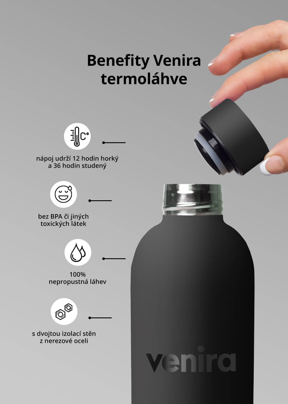 VENIRA termoláhev s uzávěrem, černá, 500 ml