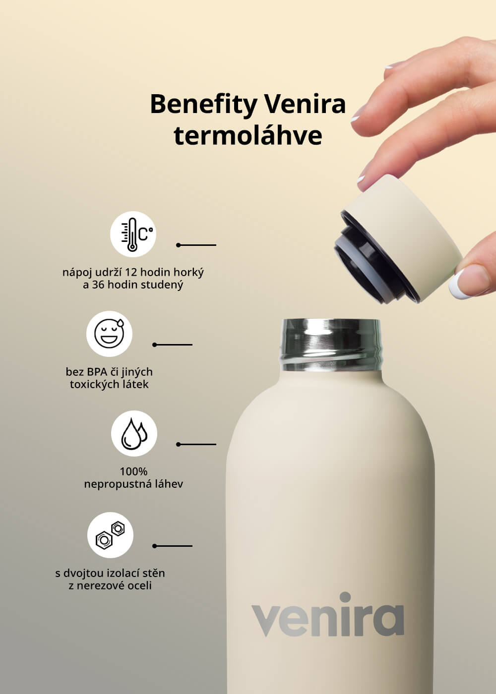 VENIRA termoláhev s uzávěrem, béžová, 500 ml