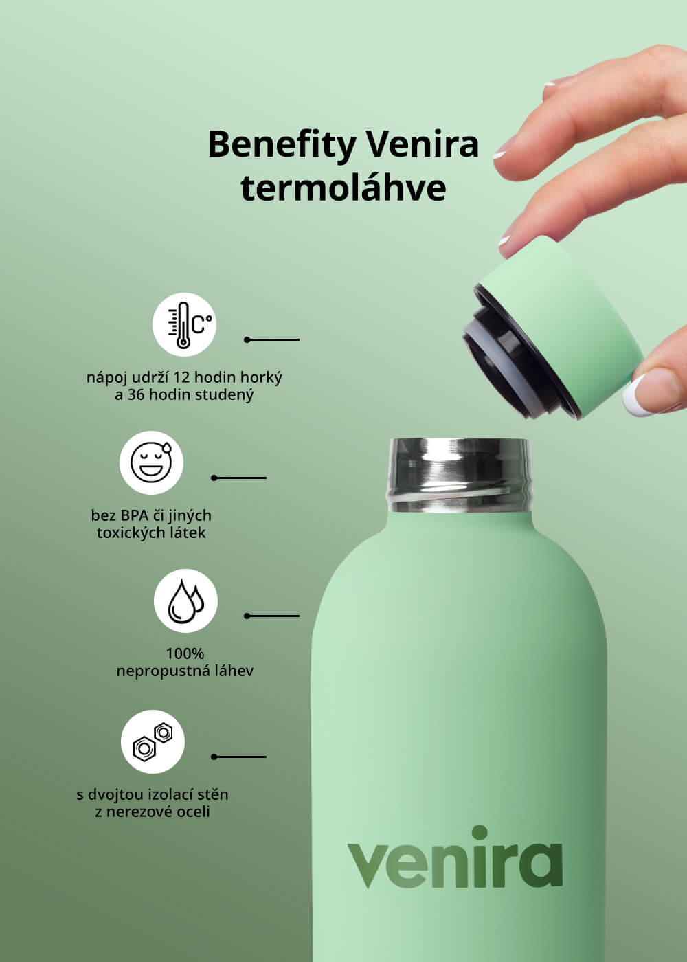 VENIRA termoláhev s uzávěrem, zelená, 500 ml