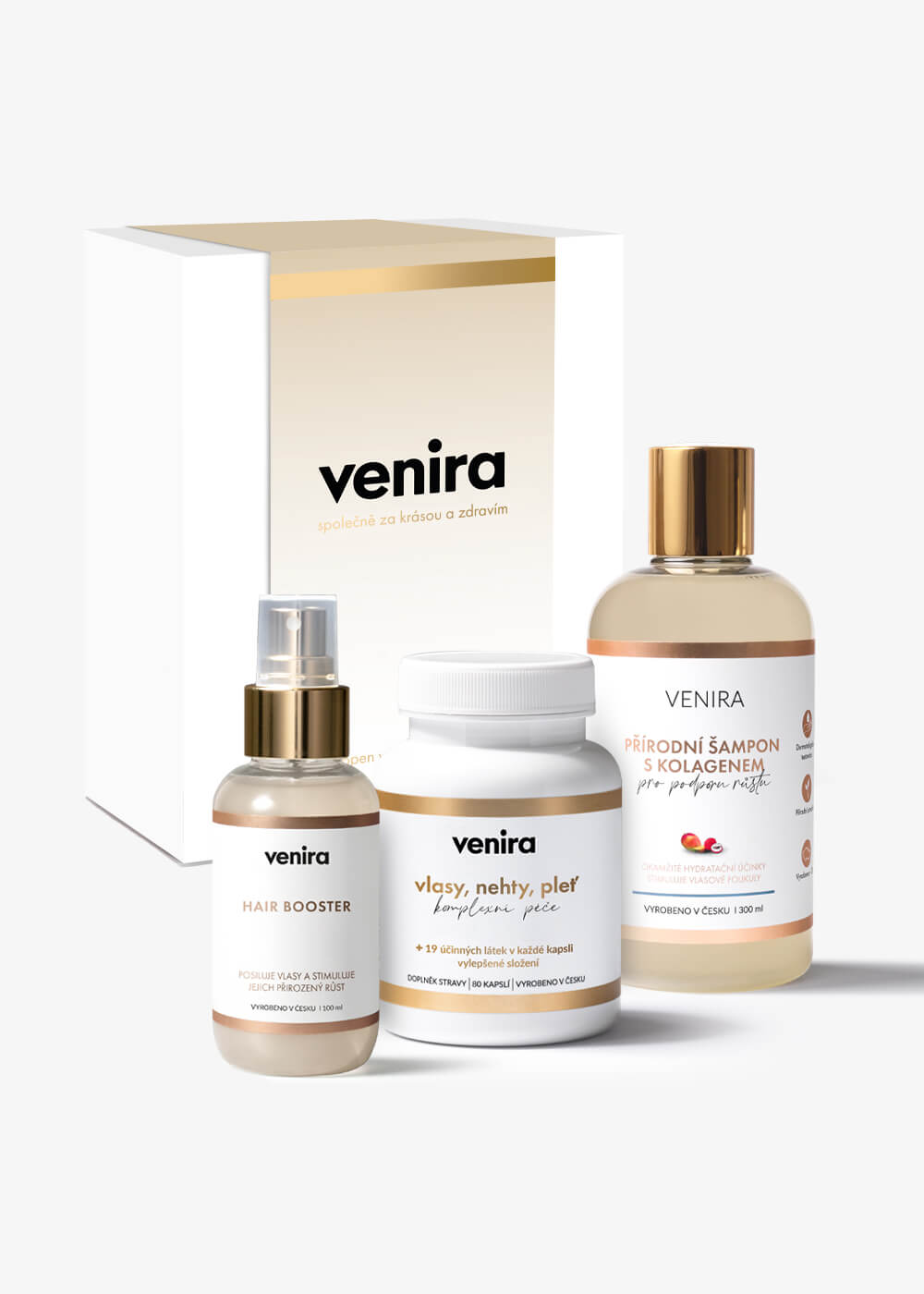 VENIRA dárková sada - hair booster, kapsle pro vlasy, šampon s kolagenem pro podporu růstu hair booster, kapsle pro vlasy, šampon s kolagenem pro podporu růstu
