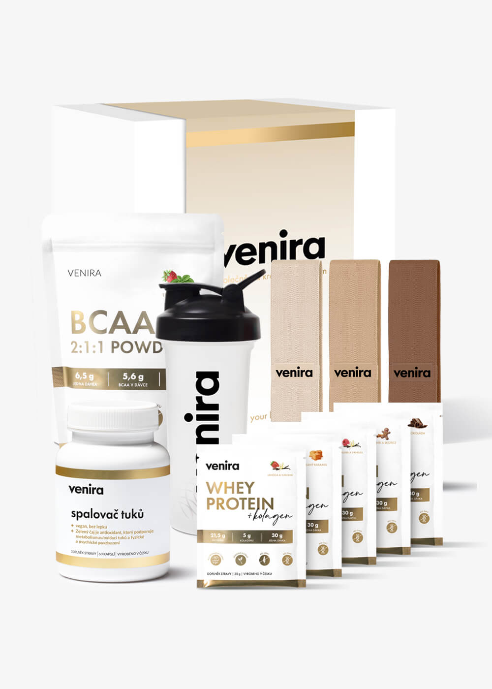VENIRA dárková sada - BCAA, spalovač tuků, shaker, odporovací gumy, vzorečky whey proteinu BCAA, spalovač tuků, shaker, odporovací gumy, vzorečky whey proteinu
