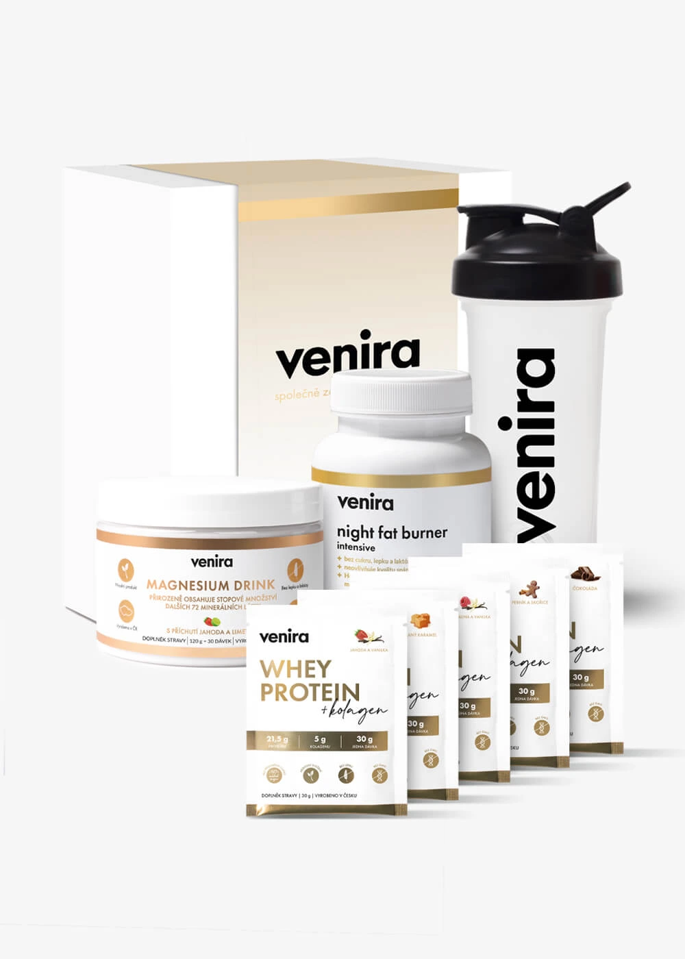 VENIRA dárková sada - magnesium drink, night fat burner, shaker, vzorečky whey proteinu magnesium drink, night fat burner, shaker, vzorečky whey proteinu
