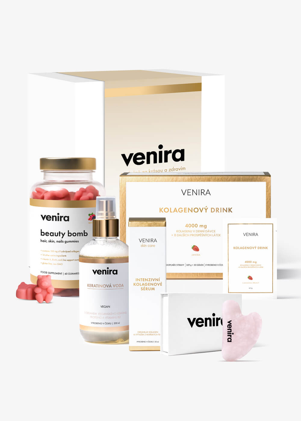 VENIRA dárková sada super beauty - beauty bomb, keratinová voda, kolagenové sérum, gua sha kámen, kolagenový drink beauty bomb, keratinová voda, kolagenové sérum, gua sha kámen, kolagenový drink