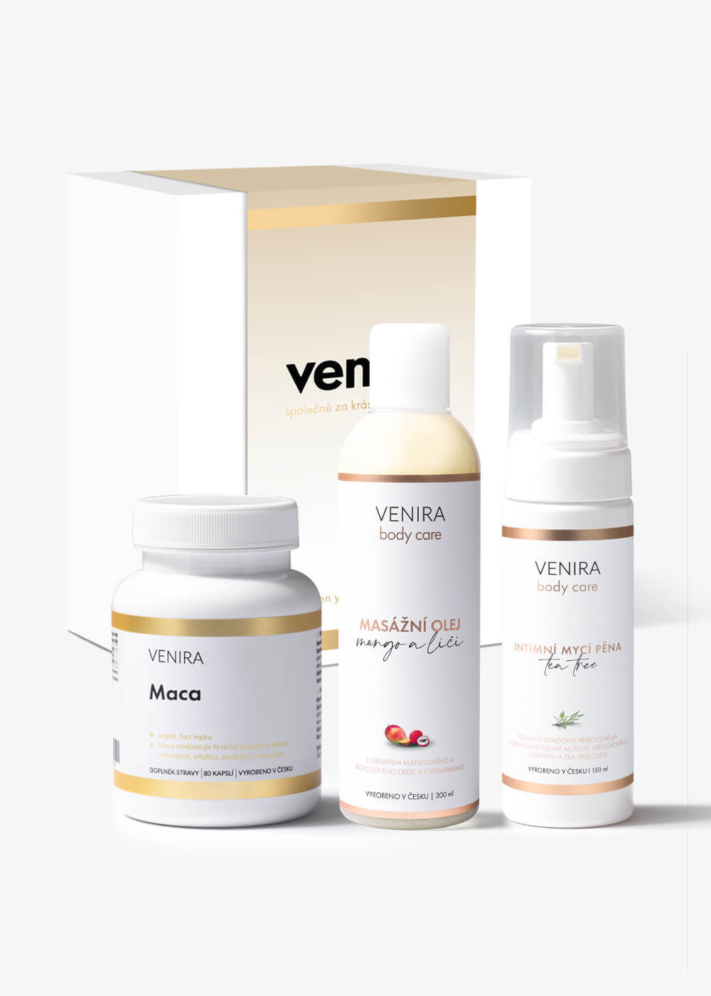 VENIRA dárková sada - maca, masážní olej, intimní mycí pěna maca, masážní olej, intimní mycí pěna