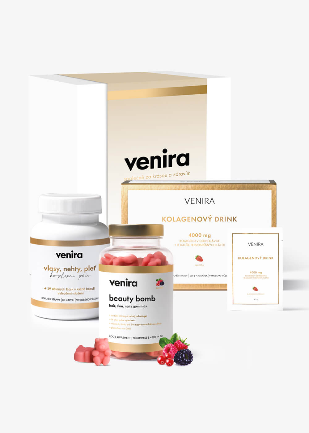 VENIRA dárková sada bestsellers 2024 - kapsle na vlasy, beauty bomb, kolagenový drink kapsle na vlasy, beauty bomb, kolagenový drink