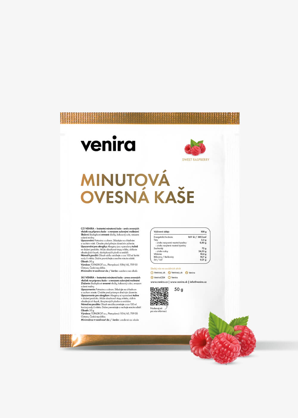 VENIRA minutová ovesná kaše - vzorek, sweet raspberry, 50 g sweet raspberry, 50 g