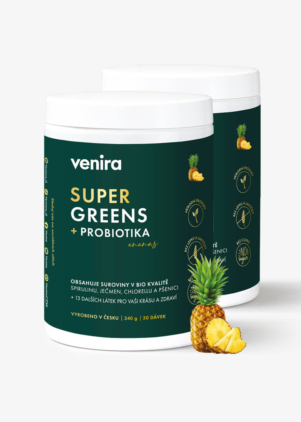 VENIRA super greens + probiotika ananas, 340 g, 2 kusy