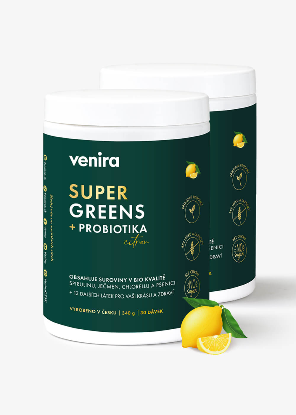 VENIRA super greens + probiotika citron, 340 g, 2 kusy