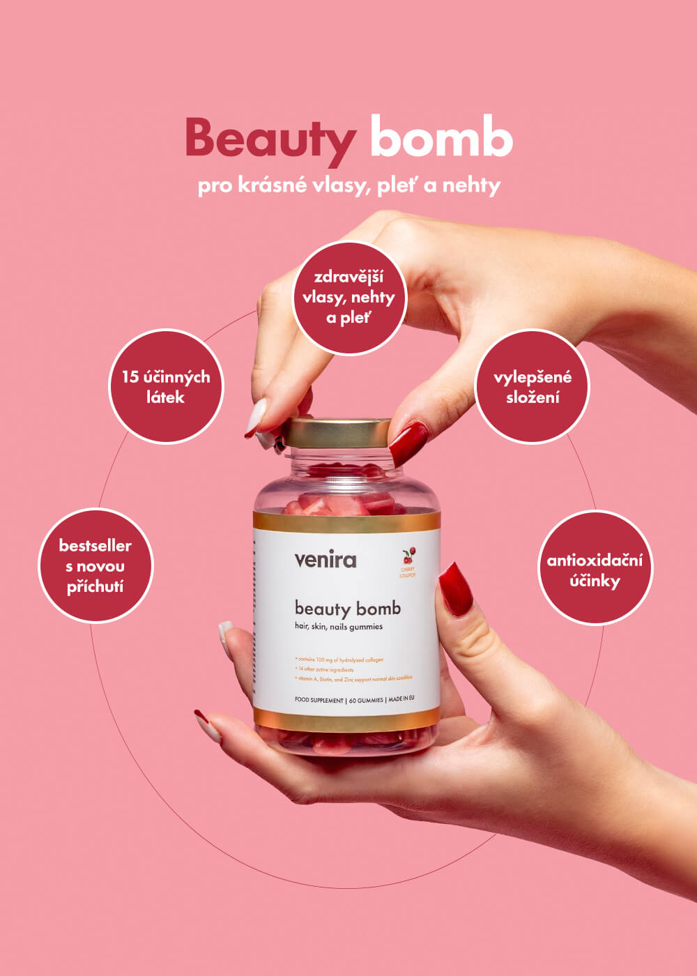 VENIRA beauty bomb - noví gumoví medvídci pro vlasy, nehty a pleť - třešňové lízátko, 60 bonbónů