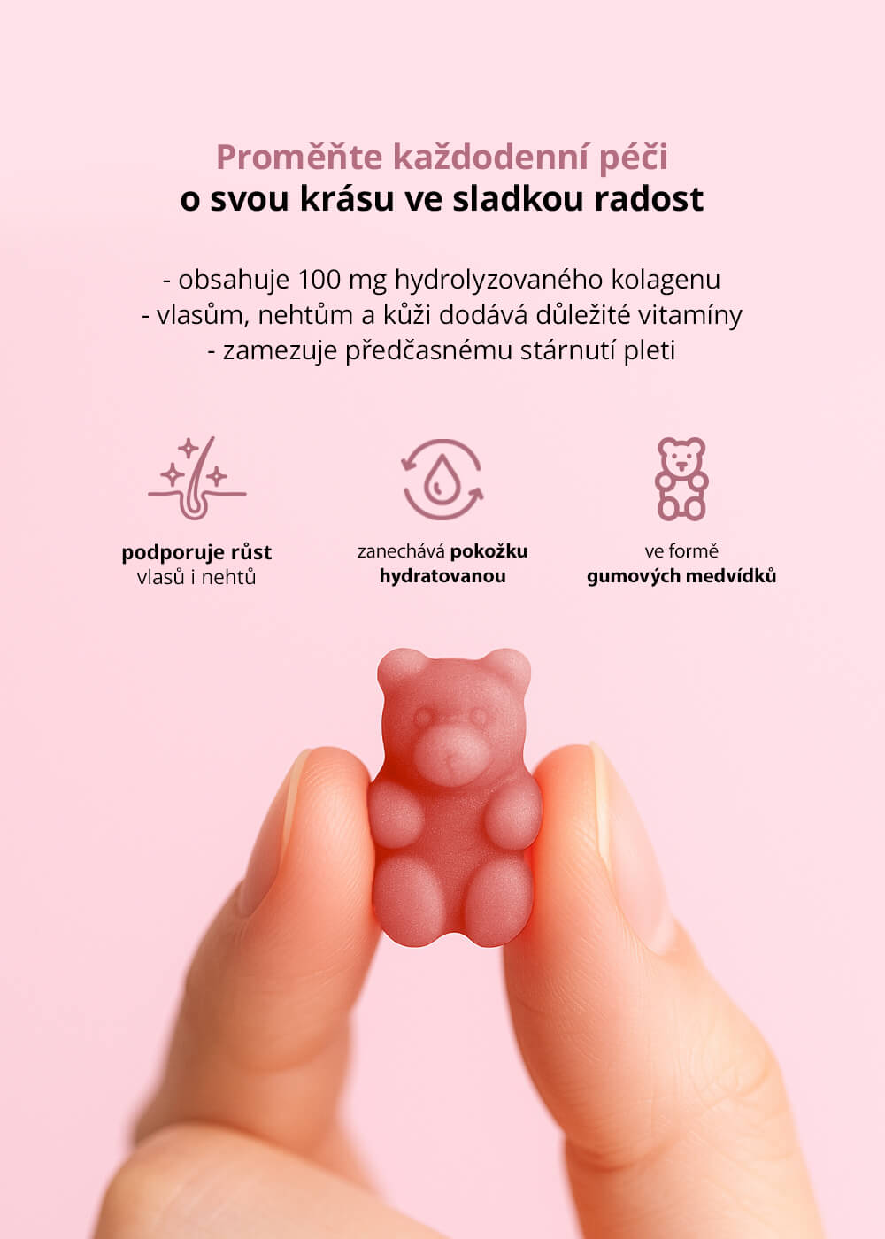 VENIRA beauty bomb - noví gumoví medvídci pro vlasy, nehty a pleť - třešňové lízátko, 60 bonbónů