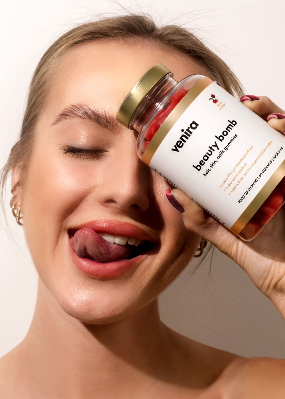 VENIRA beauty bomb - noví gumoví medvídci pro vlasy, nehty a pleť - třešňové lízátko, 60 bonbónů