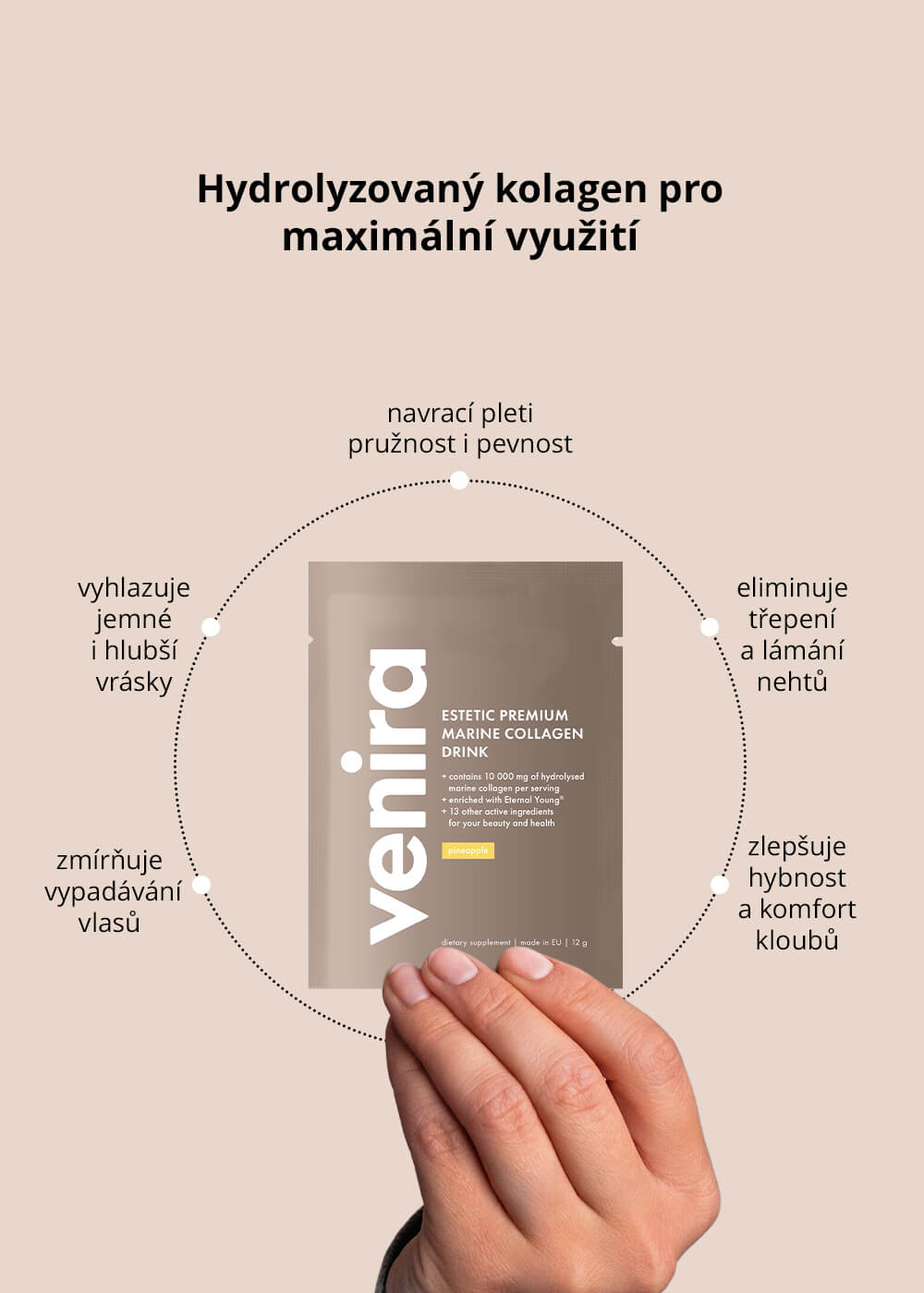 VENIRA ESTETIC PREMIUM kolagenový drink pro vlasy, nehty a pleť - mix 4 příchutí, mořský kolagen, 40 sáčků, 480 g