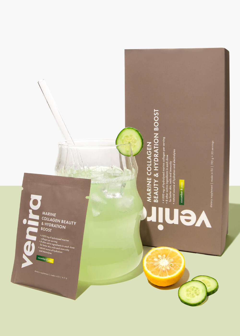 VENIRA beauty hydratační kolagenový drink, okurka a yuzu, mořský kolagen, 30 sáčků, 195 g