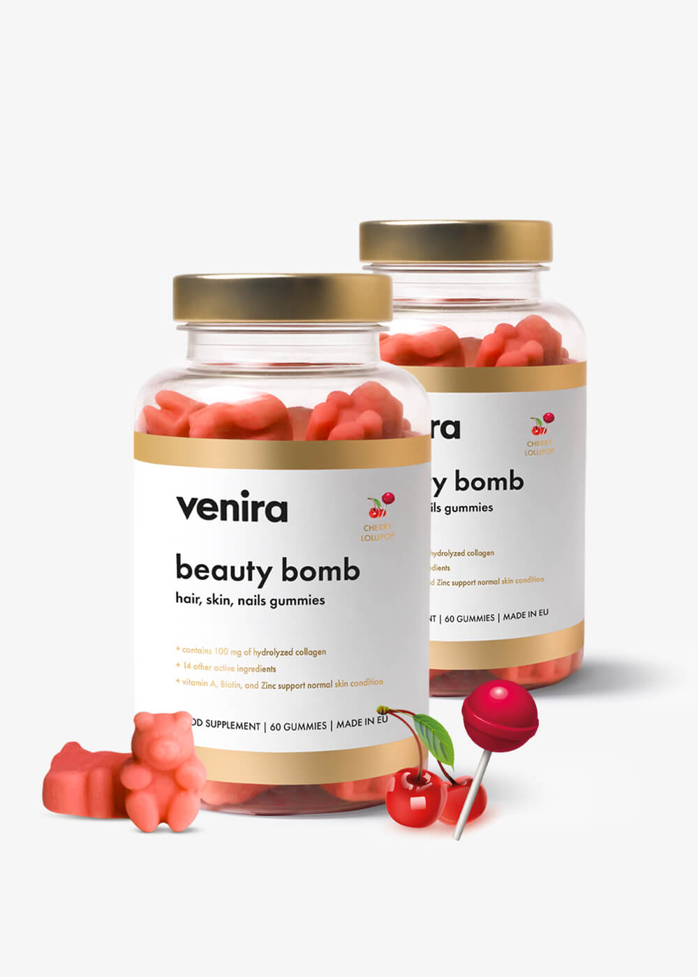 VENIRA beauty bomb - medvídci pro vlasy, nehty a pleť třešňové lízátko, 120 bonbónů
