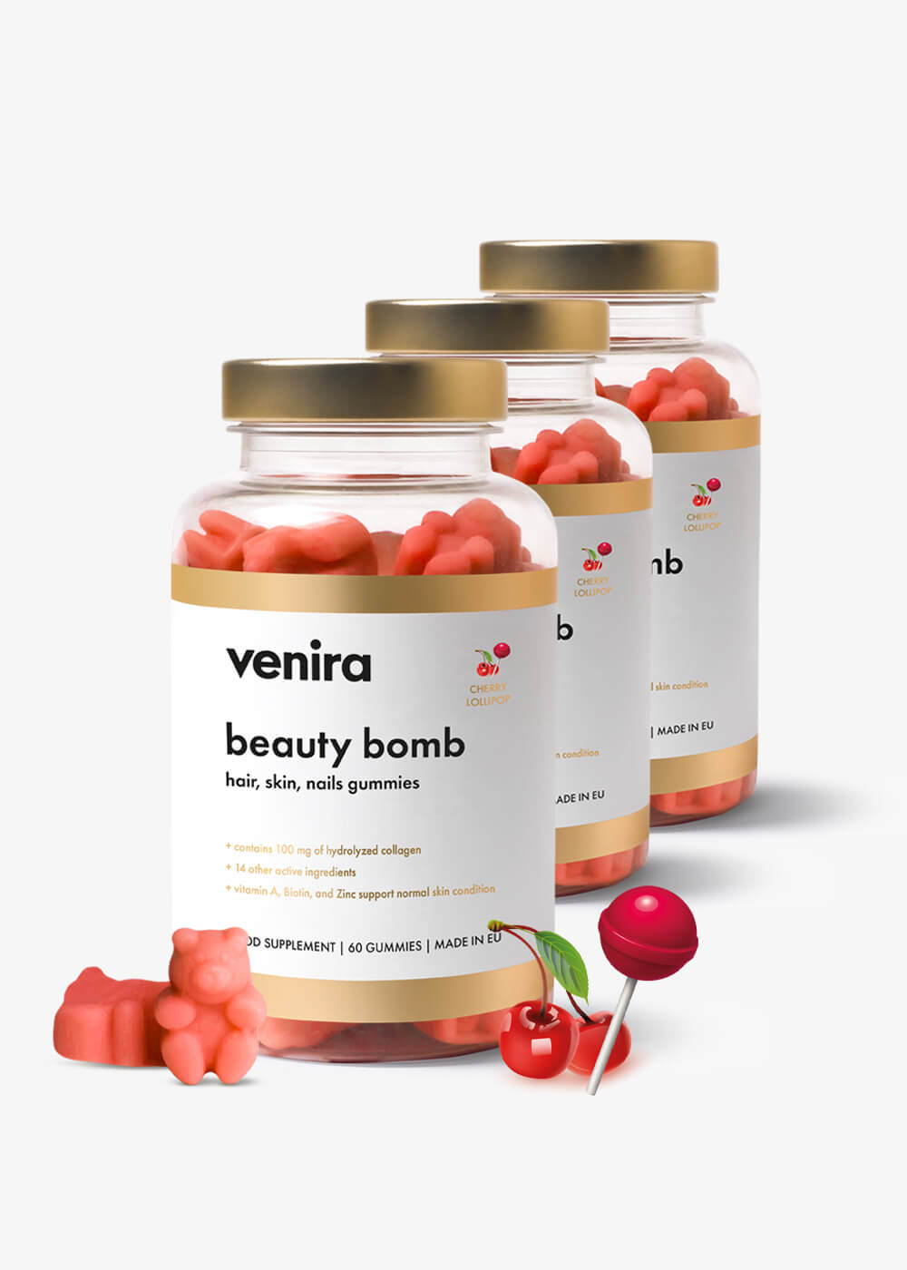 VENIRA beauty bomb - medvídci pro vlasy, nehty a pleť třešňové lízátko, 180 bonbónů