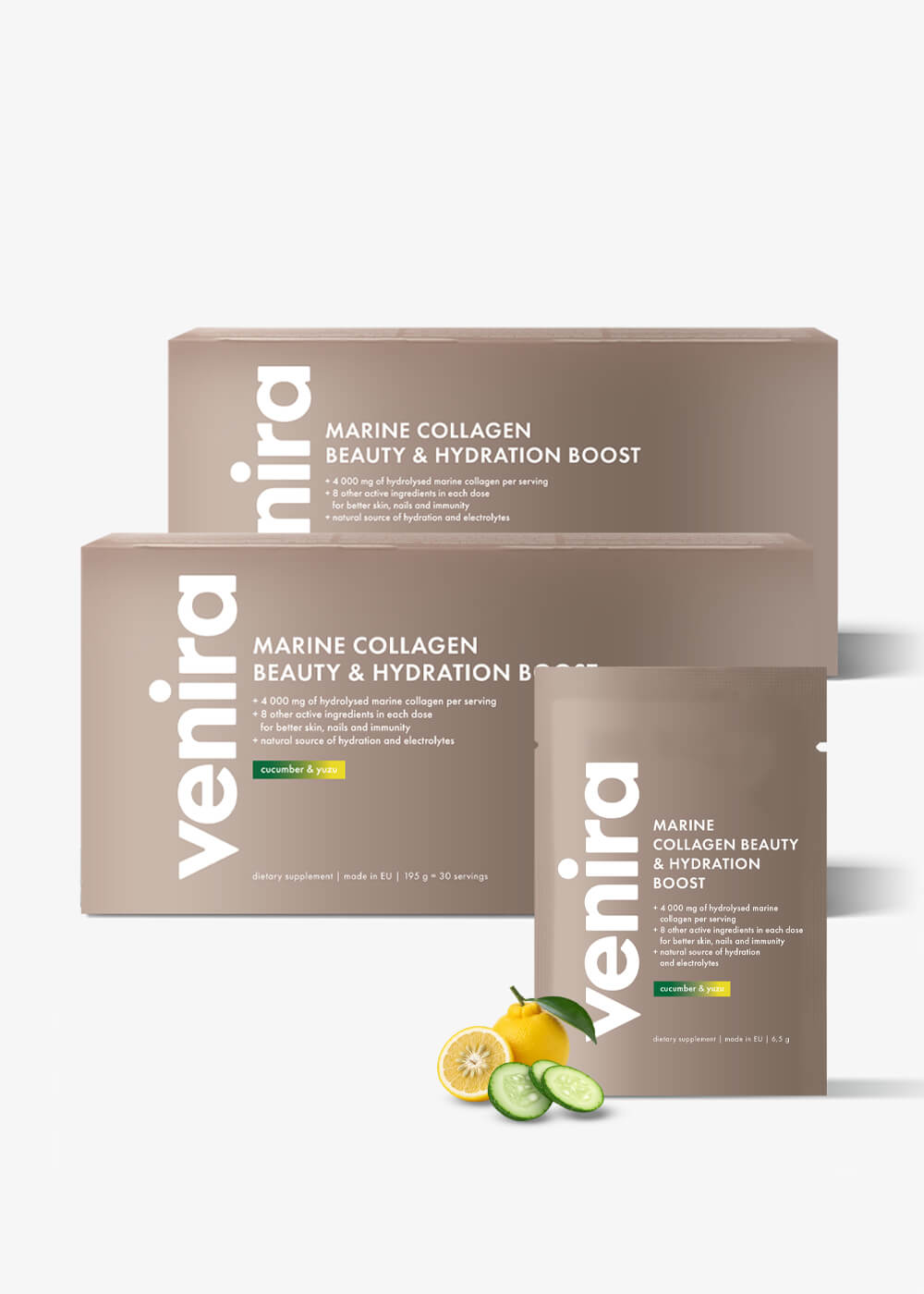 VENIRA beauty hydratační kolagenový drink - 2 balení za lepší cenu, okurka a yuzu, mořský kolagen okurka a yuzu, mořský kolagen, 60 sáčků, 390 g