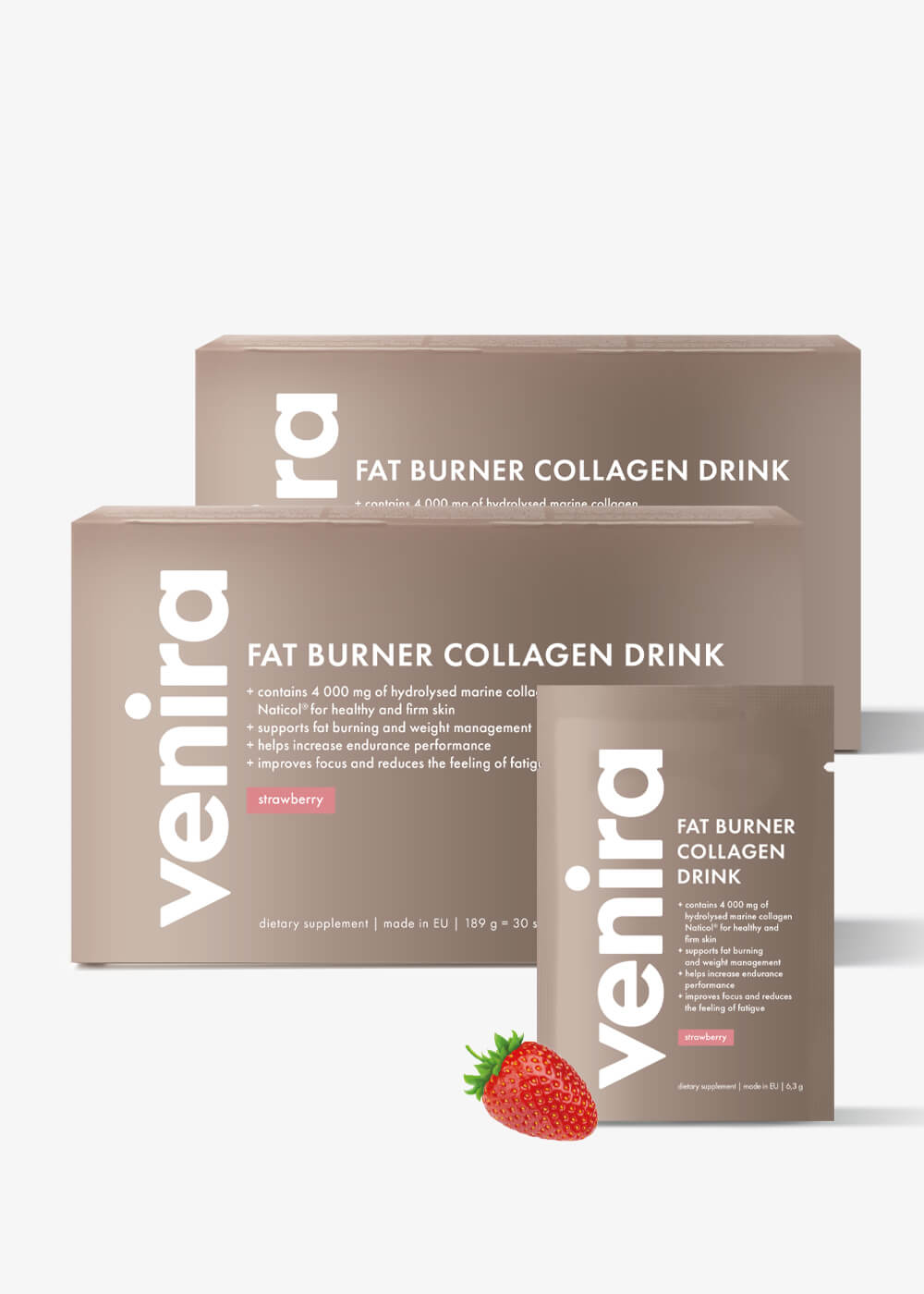 VENIRA spalovač tuků + kolagen drink - 2 balení za výhodnější cenu, jahoda, mořský kolagen jahoda, mořský kolagen, 60 sáčků, 390 g