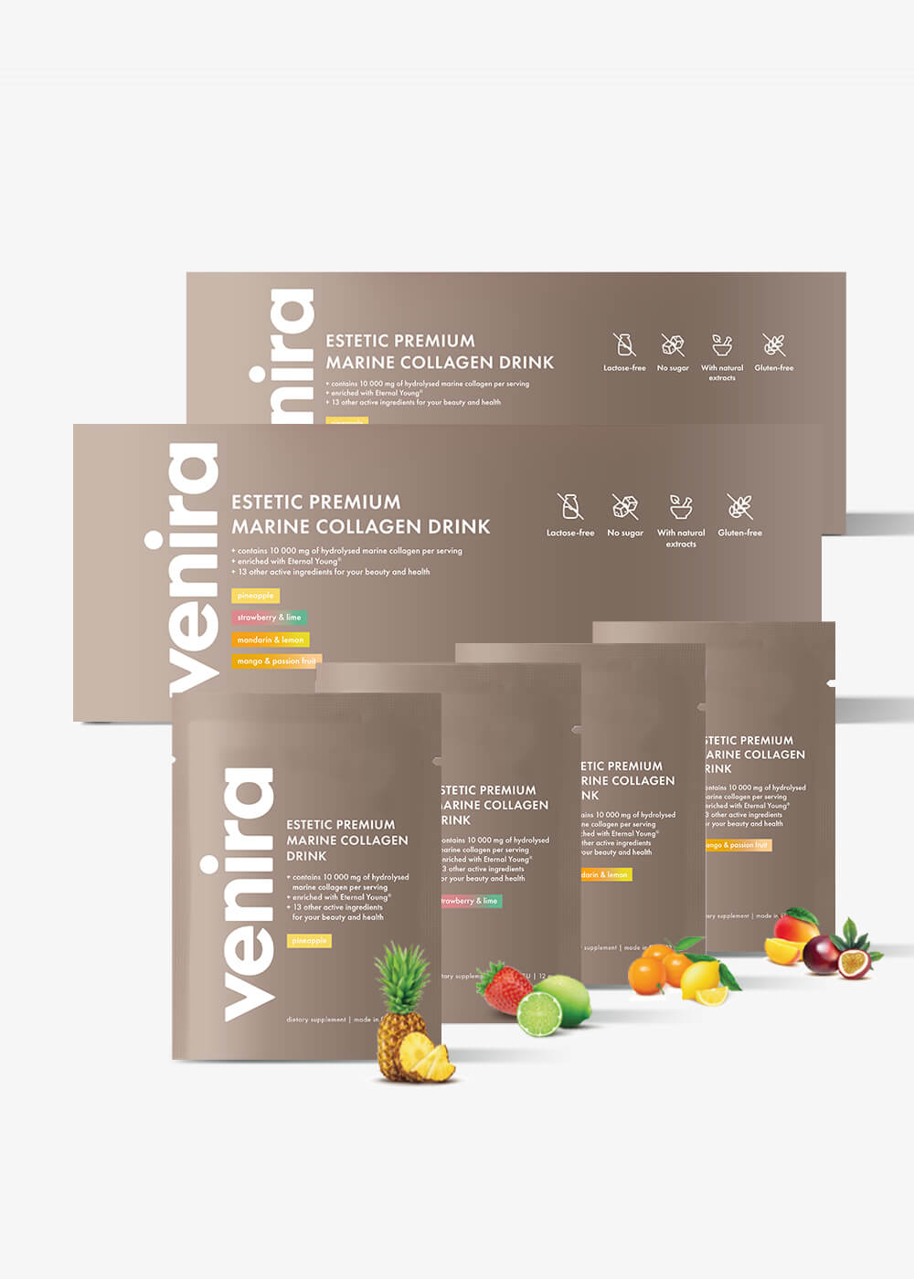 VENIRA ESTETIC PREMIUM kolagenový drink pro vlasy, nehty a pleť - 2 balení za lepší cenu, mix 4 příchutí, mořský kolagen mix 4 příchutí, mořský kolagen, 80 sáčků, 960 g