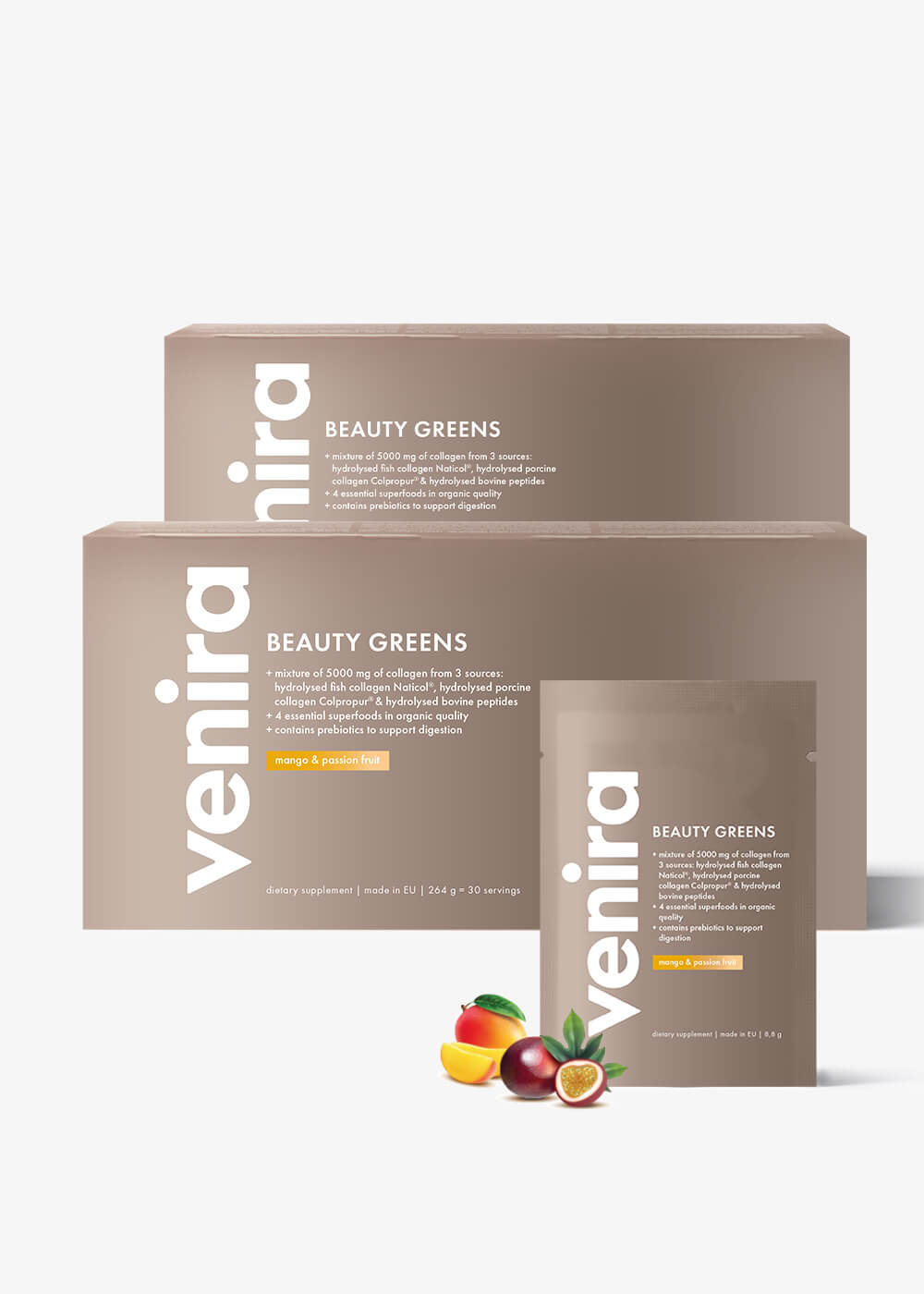 VENIRA beauty greens - 2 balení za výhodnější cenu, mango a maracuja, 60 sáčků, 528 g mango a maracuja, 60 sáčků, 528 g