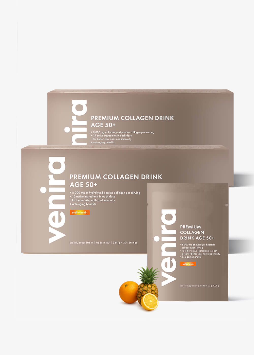 VENIRA PREMIUM kolagenový drink pro vlasy, nehty a pleť, age 50+, 2 balení za lepší cenu, multivitamin multivitamin, 60 sáčků, 648 g