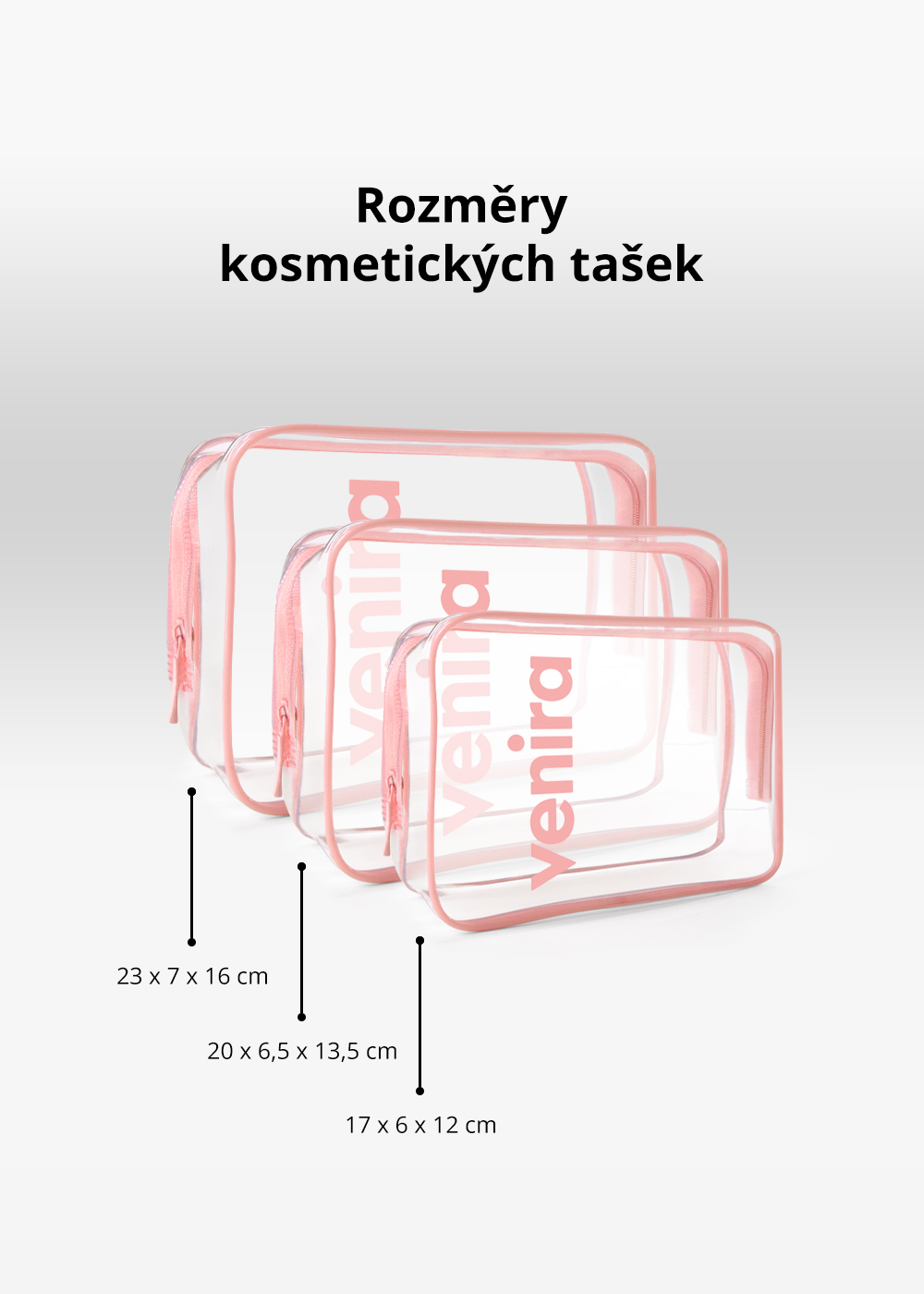 VENIRA sada kosmetických tašek, průhledné, růžové, vel. M, L, XL