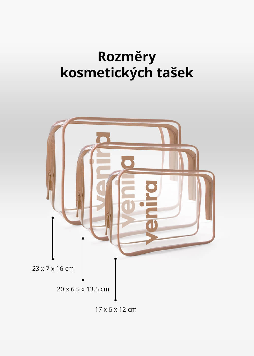VENIRA sada kosmetických tašek, průhledné, béžové, vel. M, L, XL