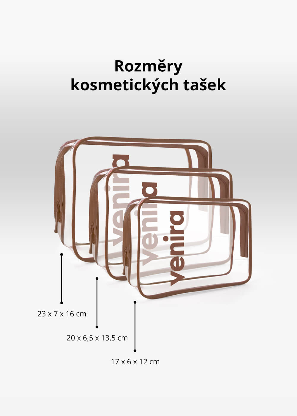 VENIRA sada kosmetických tašek, průhledné, hnědé, vel. M, L, XL