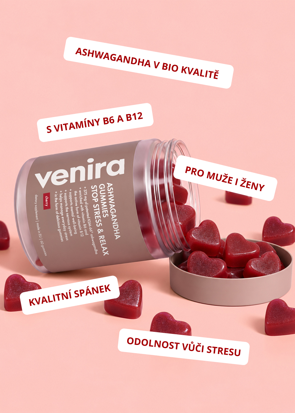 VENIRA ashwagandha gummies - stop stress & relax srdíčka, višeň, 60 bonbónů