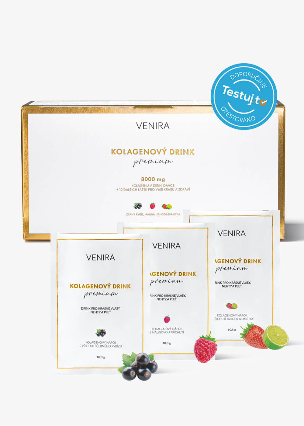 VENIRA PREMIUM kolagenový drink pro vlasy, nehty a pleť, mix příchutí (jahoda-limetka, černý rybíz, malina), 30 sáčků