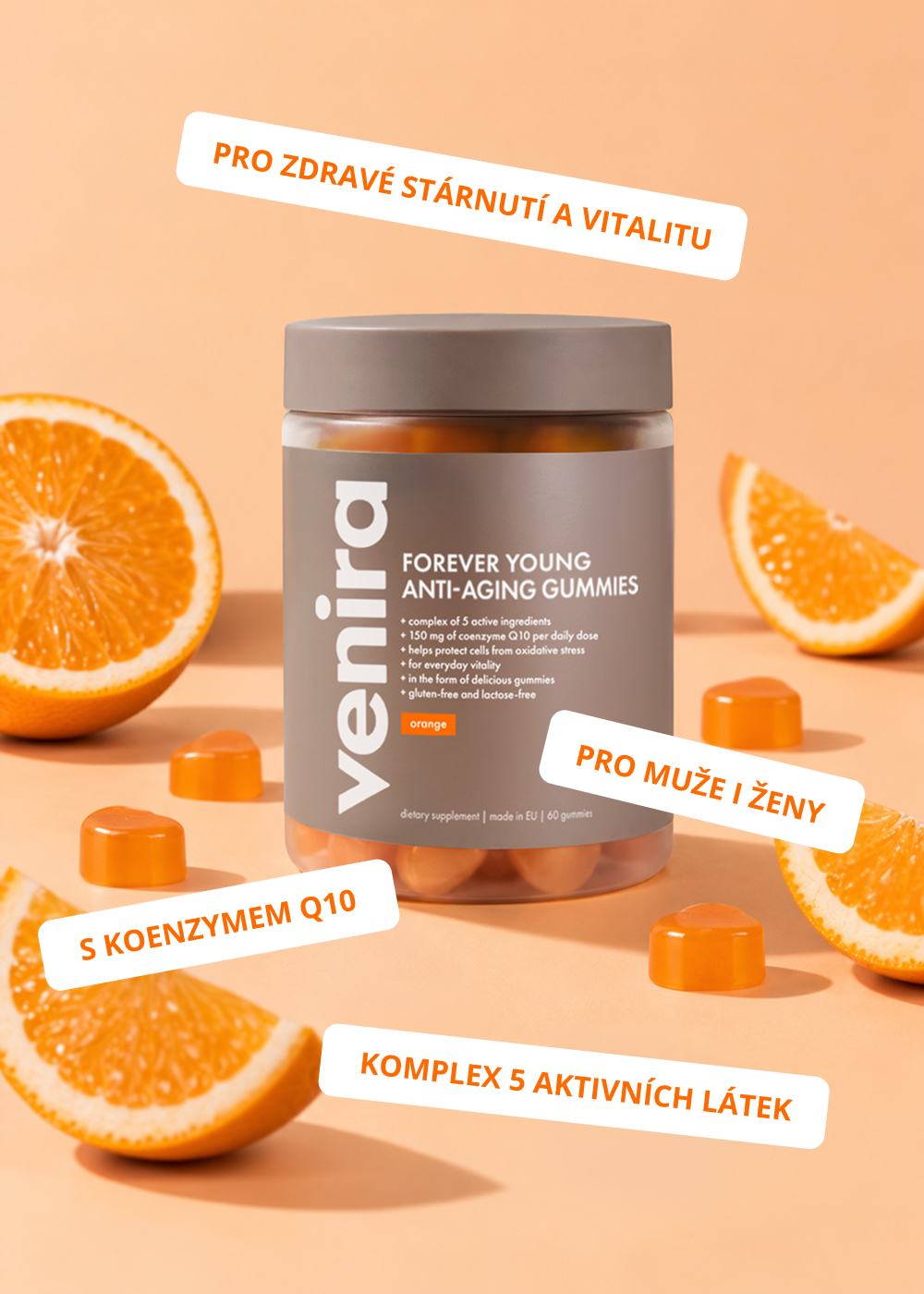 VENIRA forever young - anti-aging srdíčka, pomeranč, 60 bonbónů