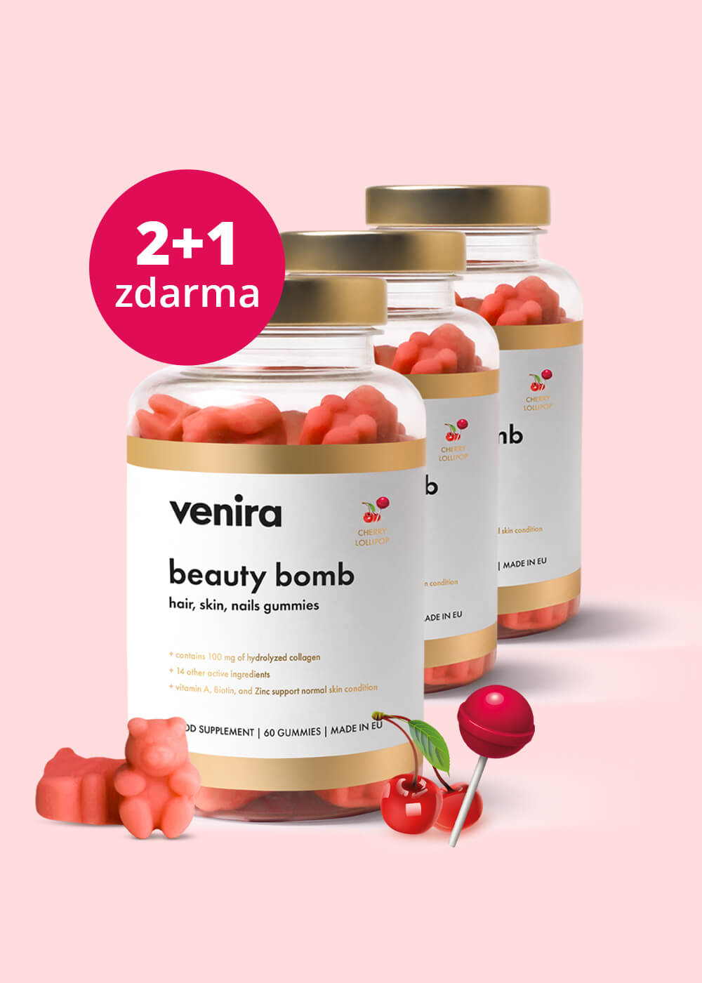 VENIRA beauty bomb – medvídci pro vlasy, nehty a pleť, třešňové lízátko, balíček 2+1 zdarma