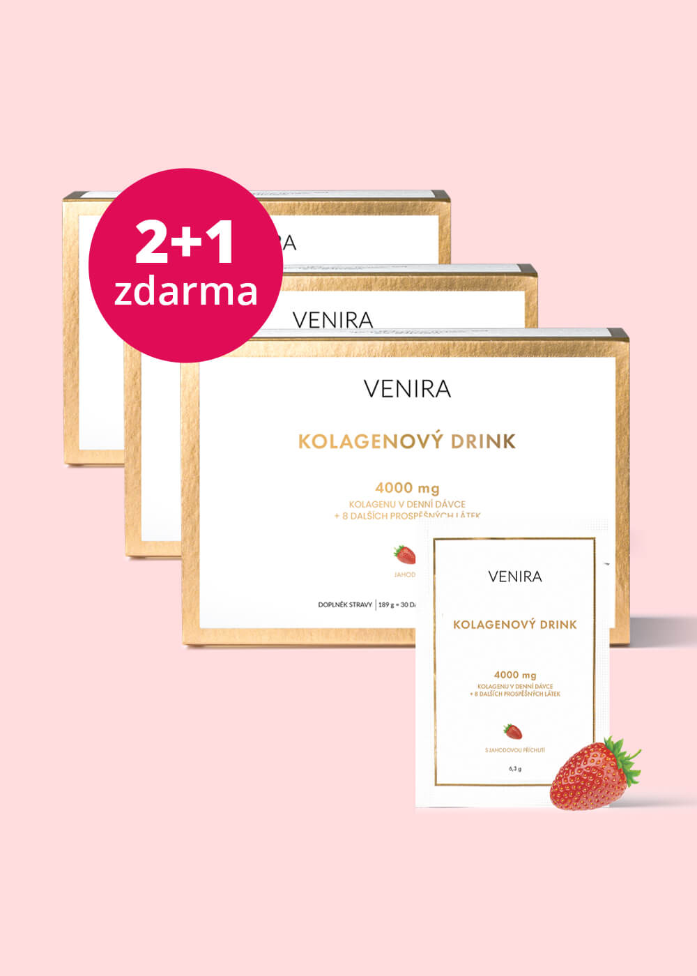 VENIRA kolagenový drink pro vlasy, nehty a pleť, jahoda, mořský kolagen, balíček 2+1 zdarma