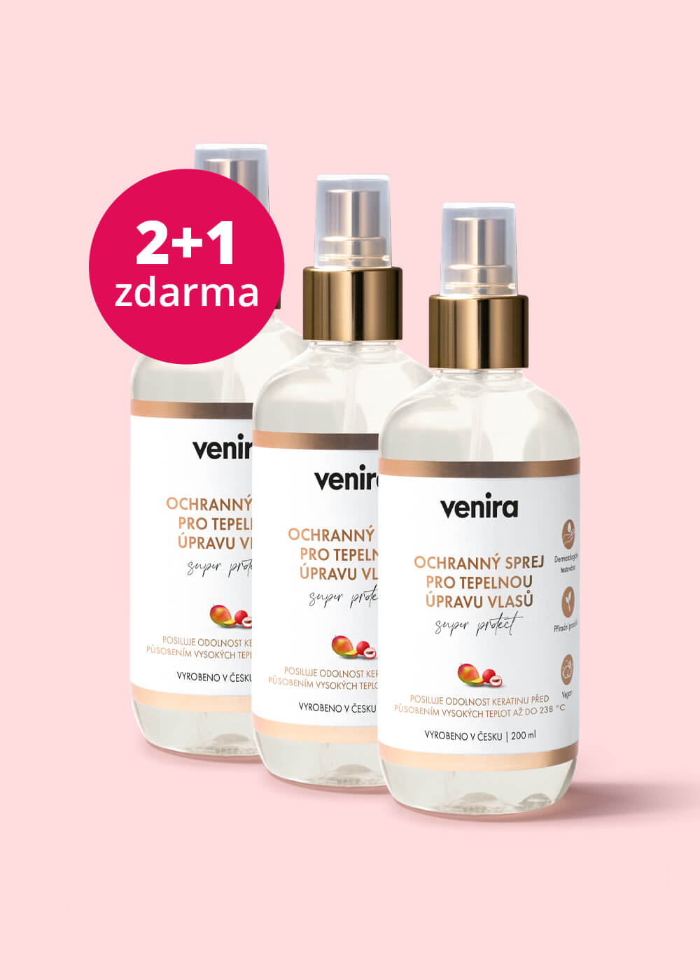 VENIRA ochranný sprej pro tepelnou úpravu vlasů – SUPER PROTECT, mango-liči, balíček 2+1 zdarma