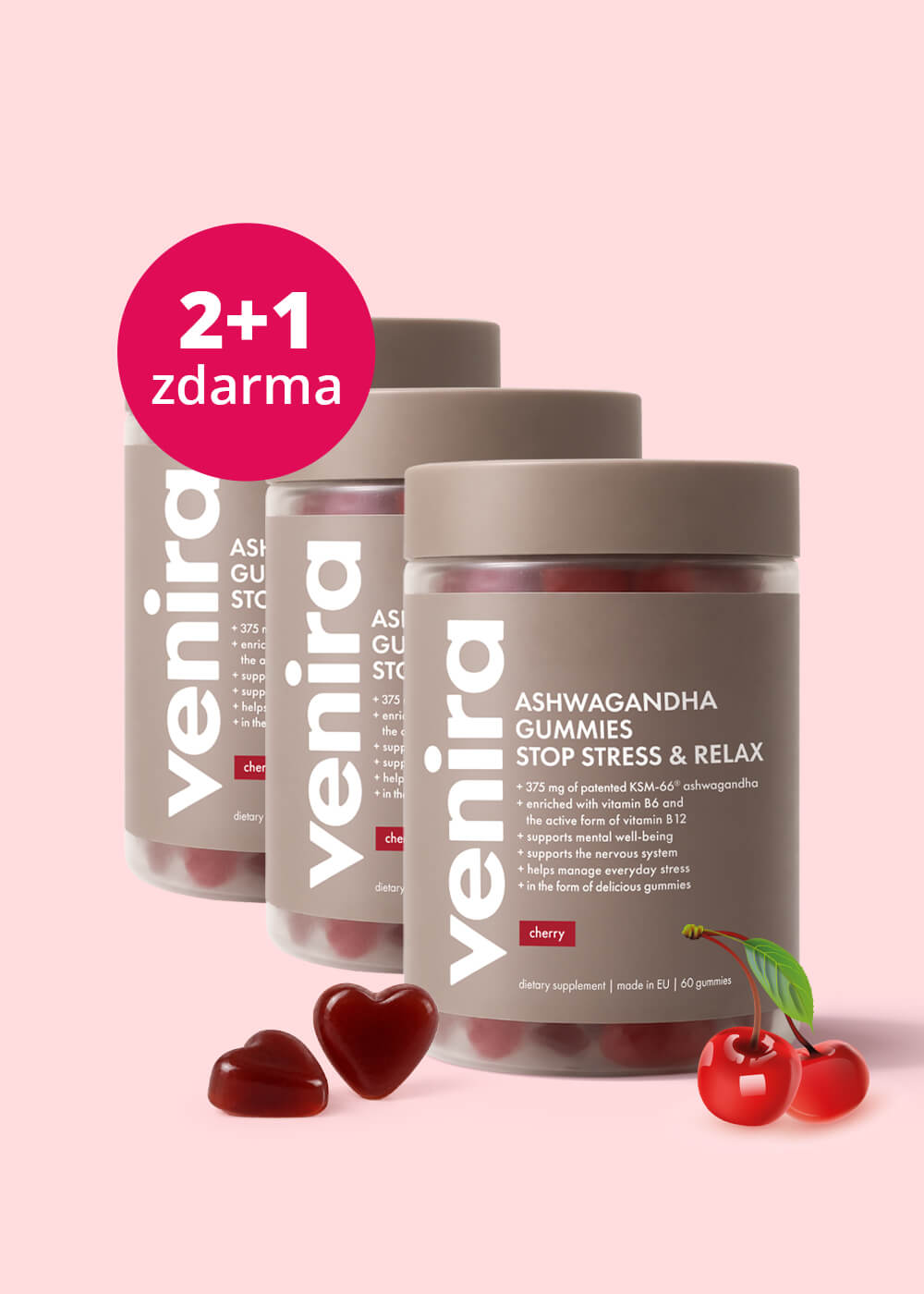 VENIRA ashwagandha – stop stress & relax srdíčka, višeň, balíček 2+1 zdarma