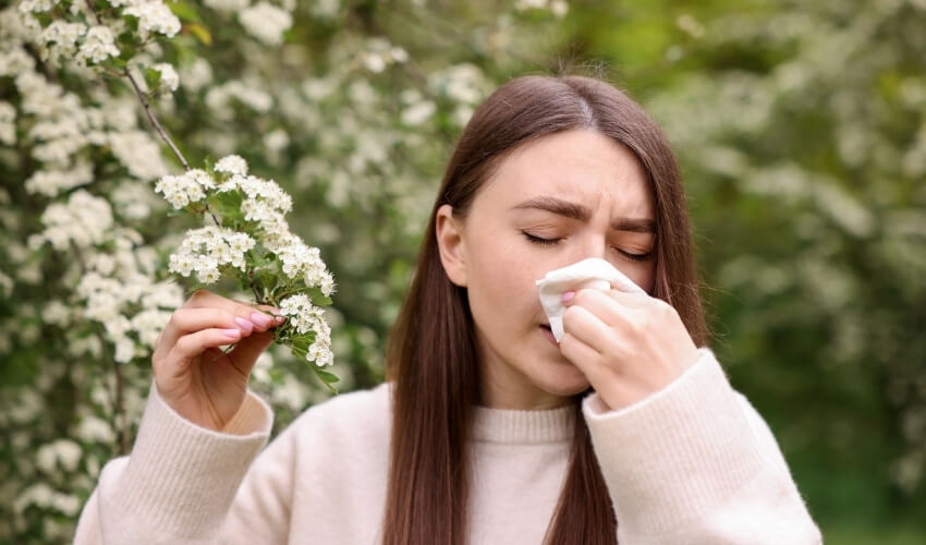 Jarná alergia na peľ a kýchanie v rozkvitnutej prírode