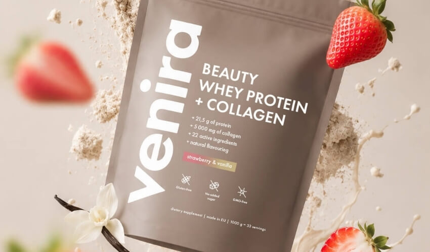 VENIRA whey proteín s kolagénom v príchuti jahoda a vanilka