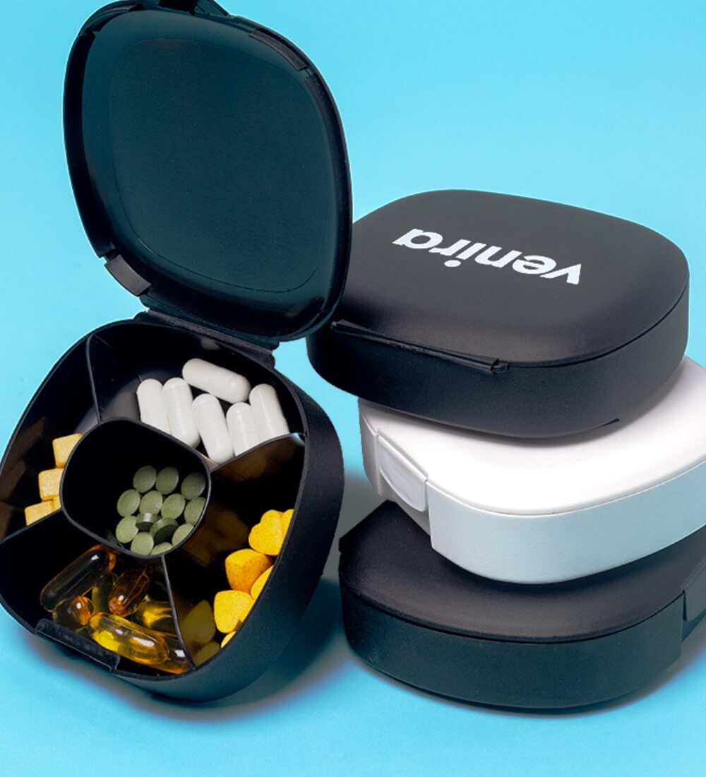 Pill box, zásobník na kapsuly a tablety, čierny