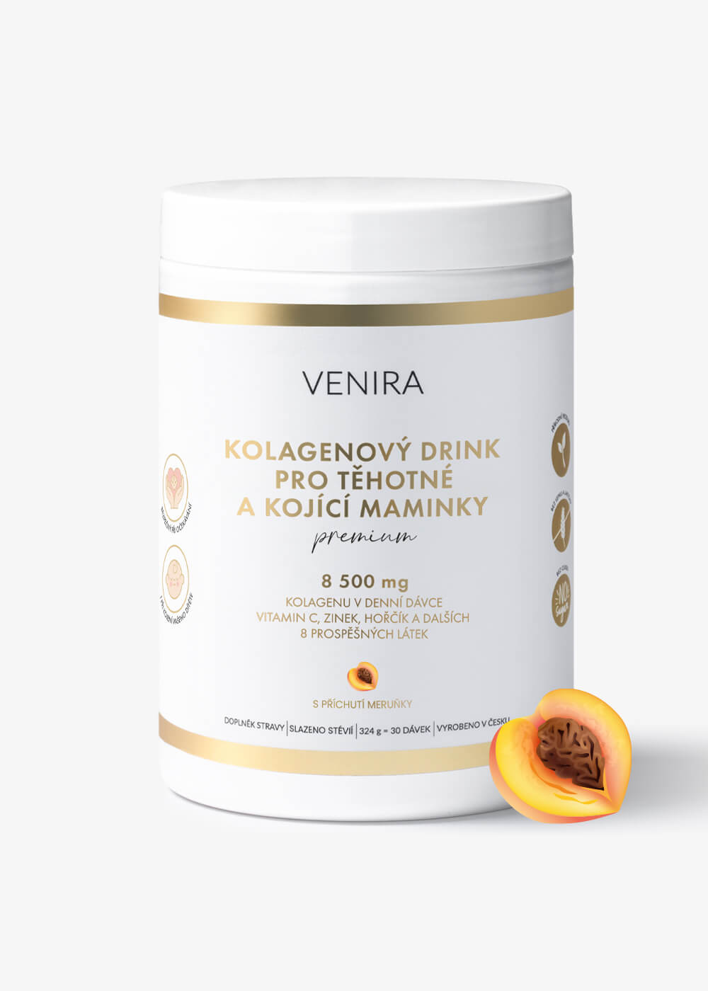 E-shop VENIRA PREMIUM kolagénový drink pre tehotné a dojčiace mamičky, príchuť marhuľa, 322 g marhuľa, bravčový kolagén, 324 g