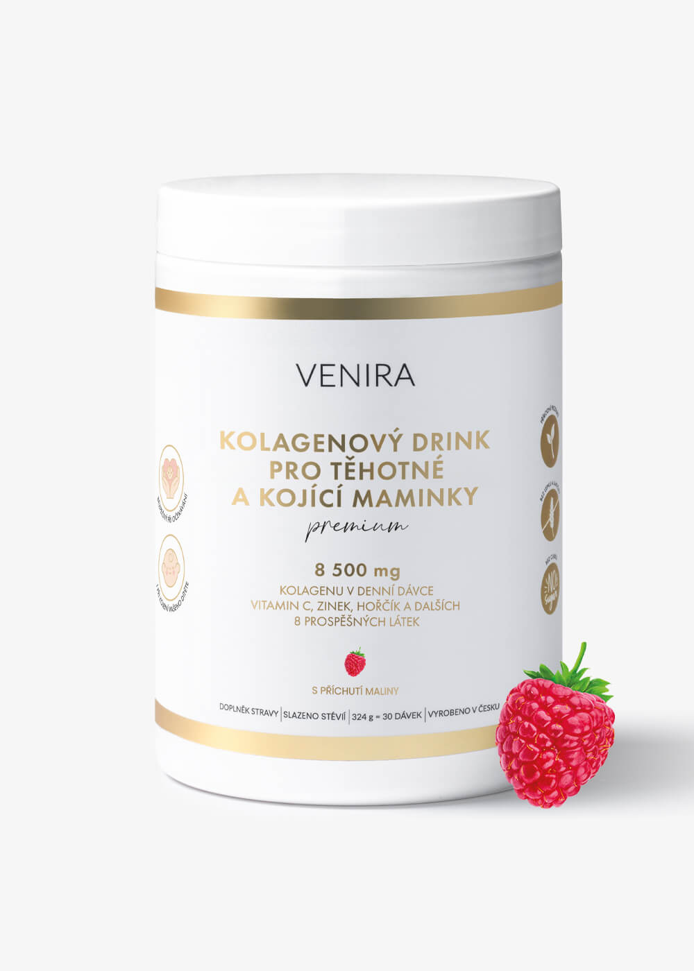 E-shop VENIRA PREMIUM kolagénový drink pre tehotné a dojčiace mamičky, 322 g malina, bravčový kolagén, 324 g