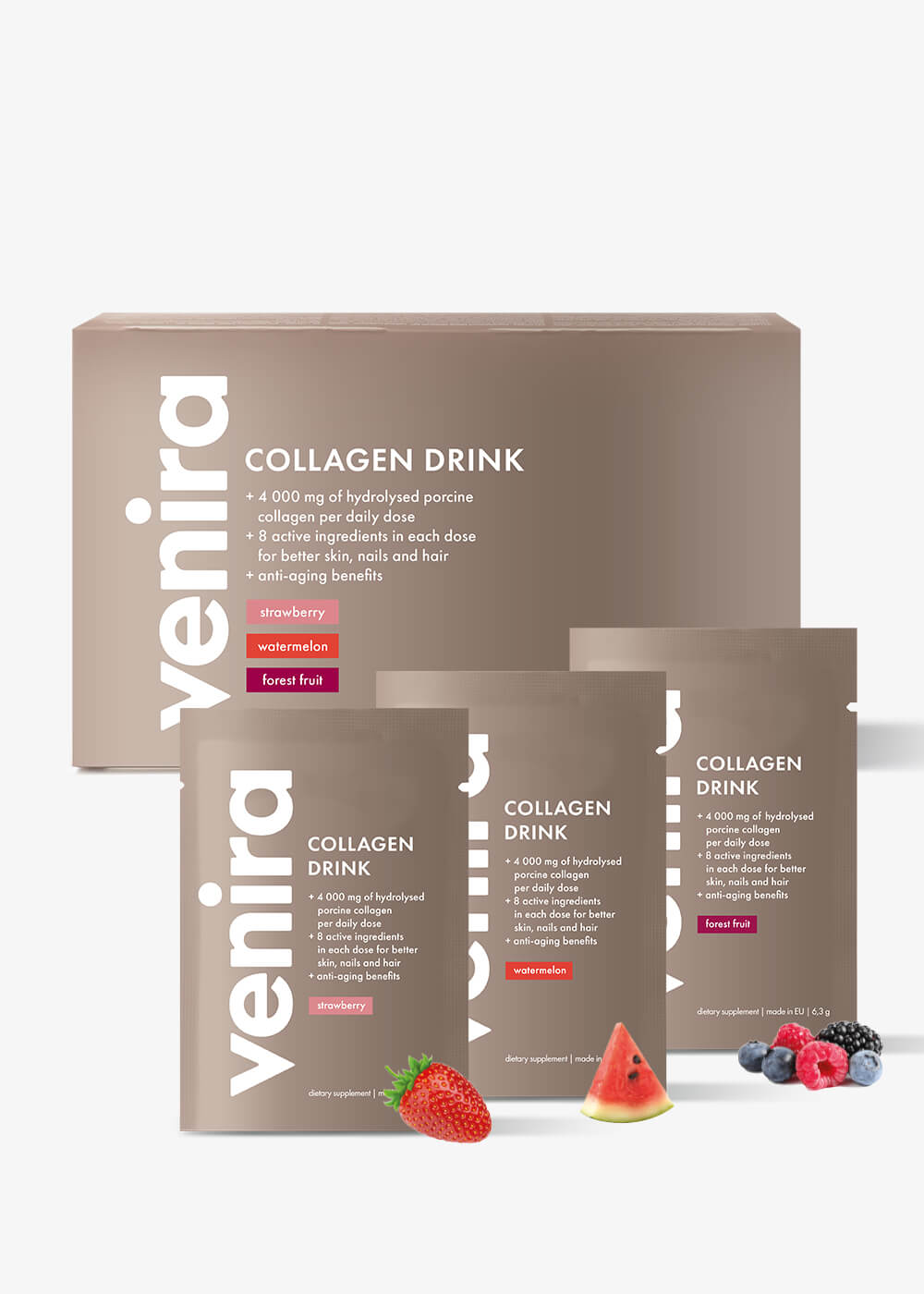 VENIRA kolagénový drink pre vlasy, nechty a pleť, mix príchutí, mix príchutie (jahoda, melón, lesné plody), 30 vrecúšok mix 3 príchutí, bravčový kolagén, 30 vrecúšok, 189 g